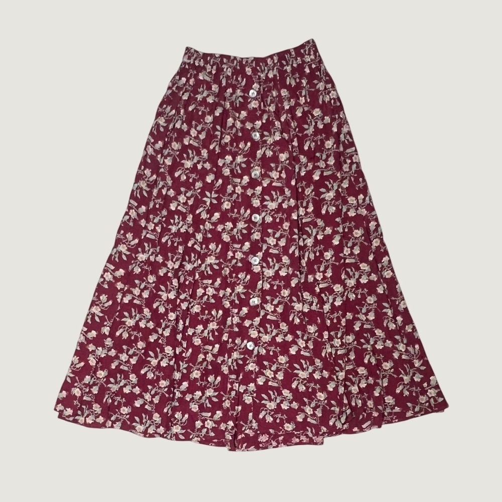 Vintage 90s Burgundy Floral Midi Skirt Button Whimsigoth Ren Faire Renaissance S